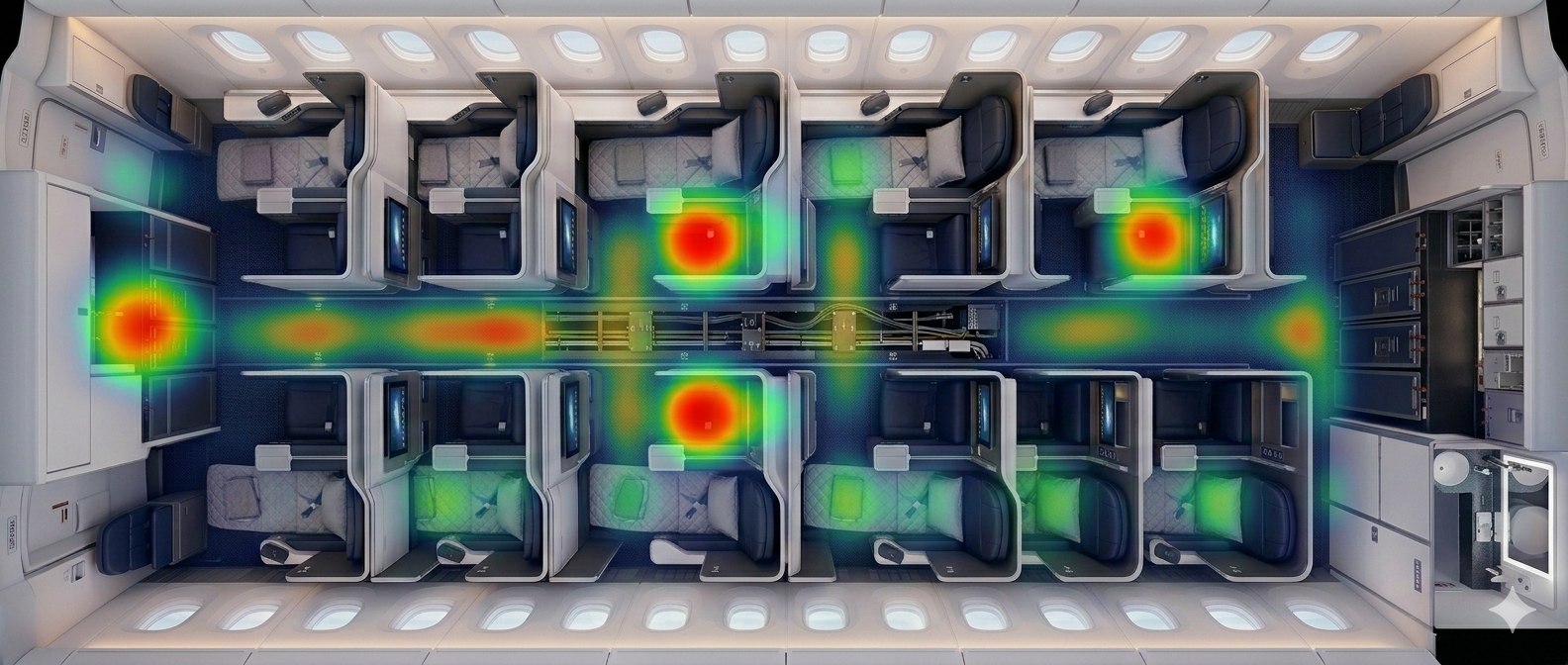 Attention heatmap over the cabin, top-down view