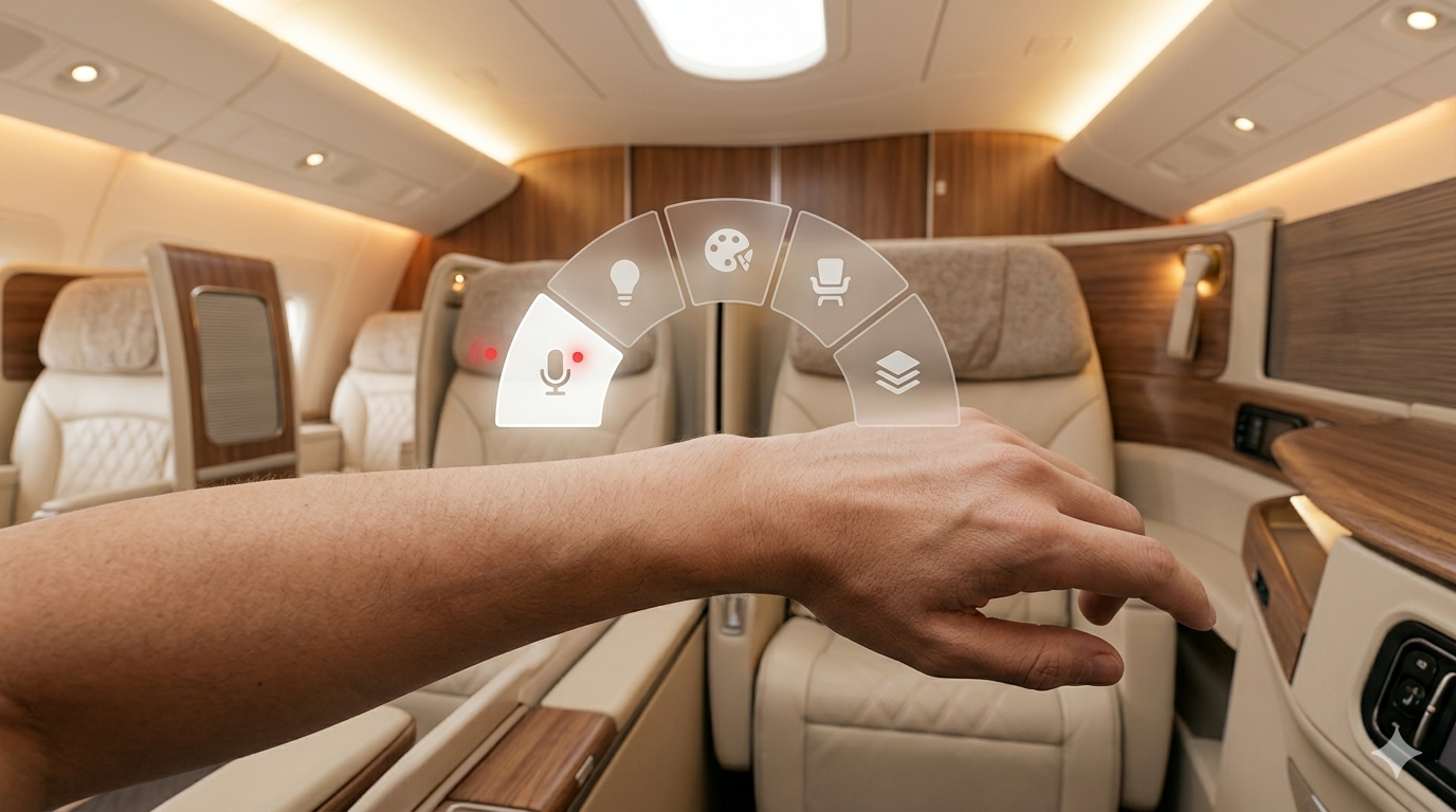 Radial wrist menu anchored to the client's hand in a lit cabin